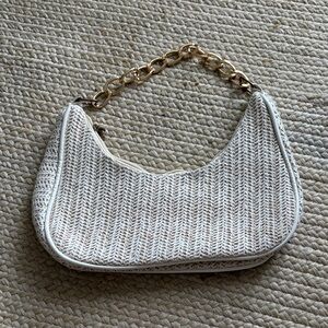 Woven Cream Shoulder Bag with Gold Chain Handle